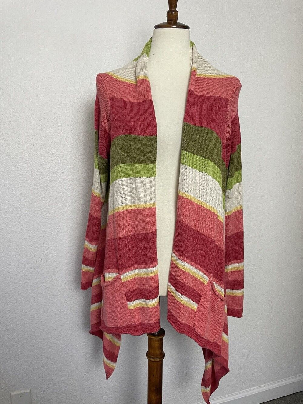 J. Jill Cardigan Sweater Open Front Striped Asymmetrical Stretch Knit